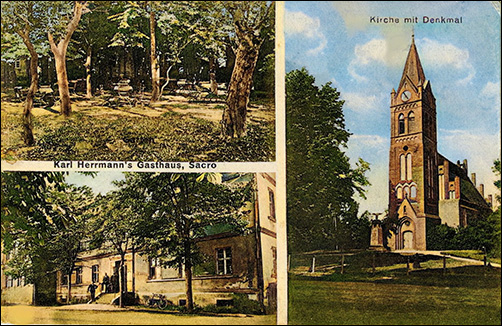 Ansichtskarte, Herrmanns Gasthaus und Kirche Sacro
